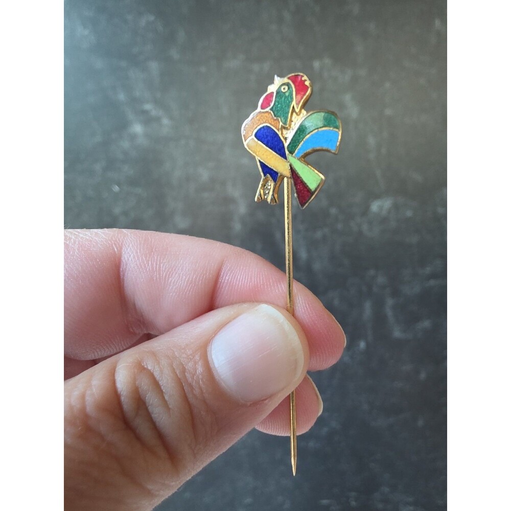 Gold Tone Metal Enamel Rooster Shaped Stick Pin Vintage READ Description